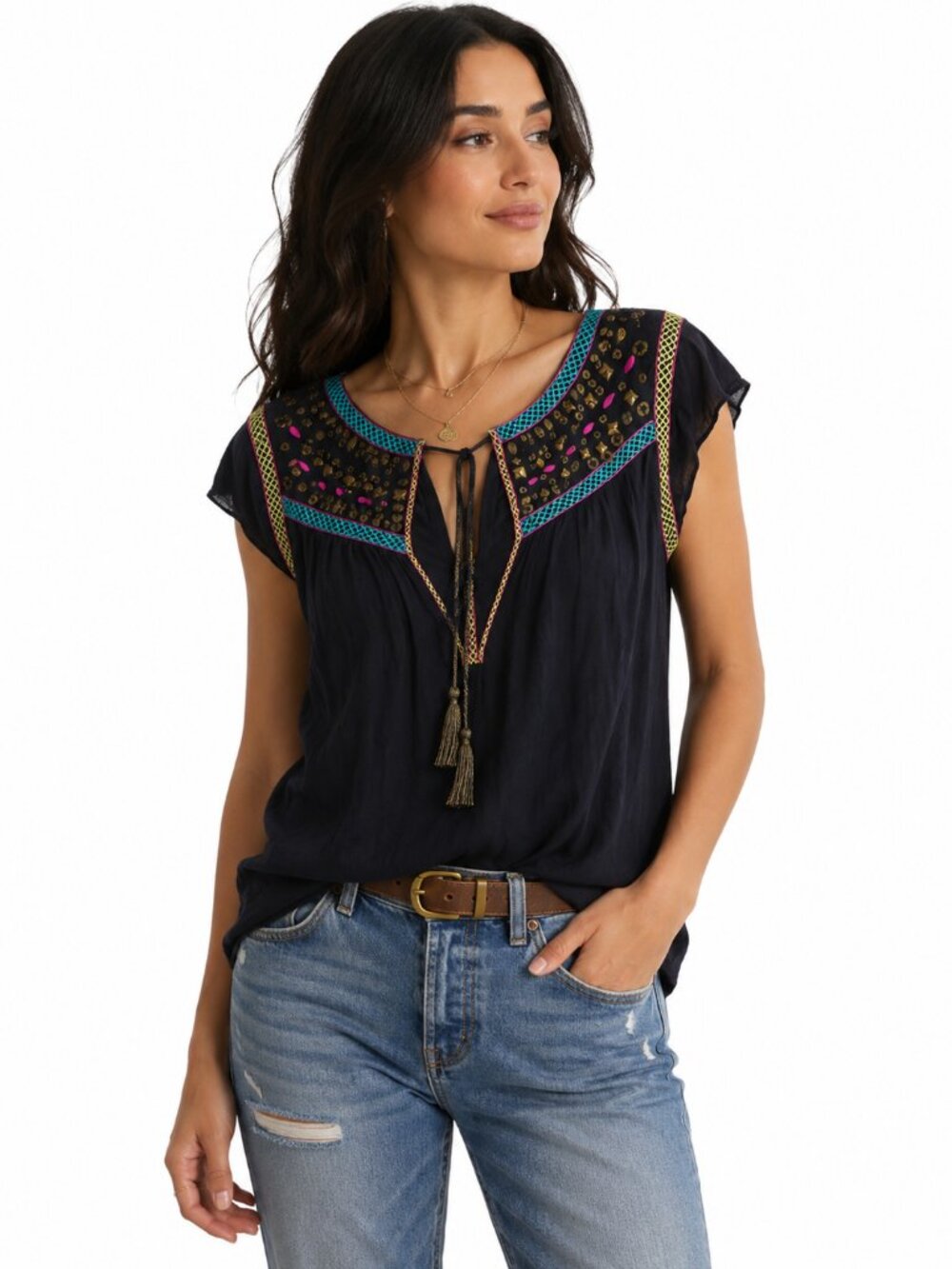 Nanette Lepore Embellished Boho Peasant Blouse Black Studded Tie Neck